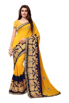 Yellow embroidered georgette saree with blouse 1