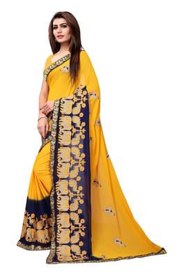 Yellow embroidered georgette saree with blouse 2