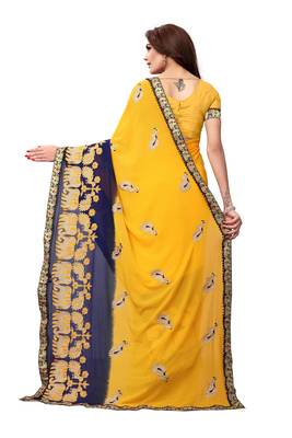 Yellow embroidered georgette saree with blouse 3