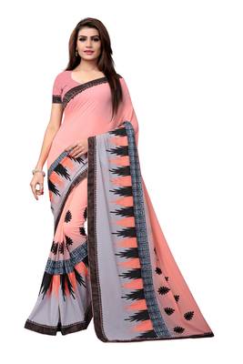 Peach embroidered georgette saree with blouse 1