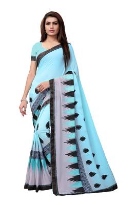 Blue embroidered georgette saree with blouse 1