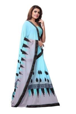 Blue embroidered georgette saree with blouse 4