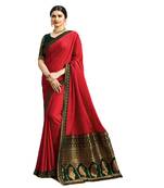 Red woven faux georgette saree with blouse