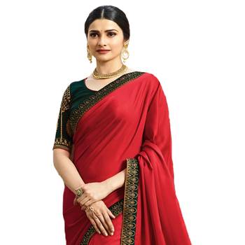 Red woven faux georgette saree with blouse 3