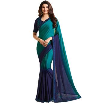 Blue plain faux georgette saree with blouse 1