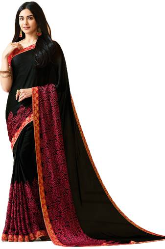 Black printed faux georgette saree with blouse