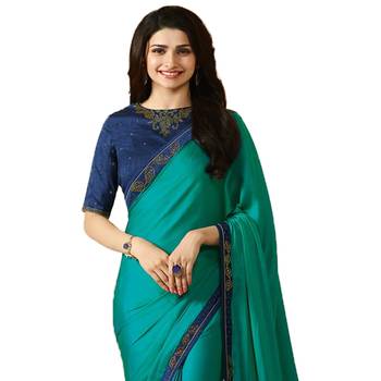 Aqua blue plain faux georgette saree with blouse 2