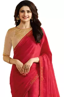 Red plain faux georgette saree with blouse