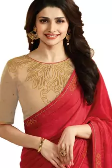 Red plain faux georgette saree with blouse