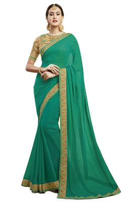 Green embroidered faux georgette saree with blouse 1