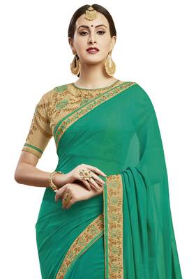 Green embroidered faux georgette saree with blouse 2