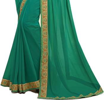 Green embroidered faux georgette saree with blouse 3