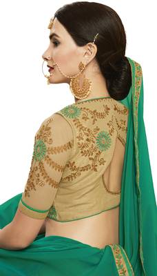 Green embroidered faux georgette saree with blouse 4