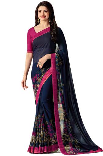 Blue printed faux georgette saree with blouse