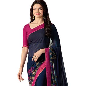 Blue printed faux georgette saree with blouse 2