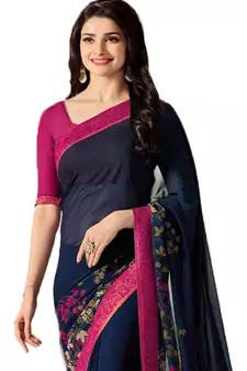 Blue printed faux georgette saree with blouse