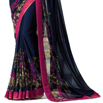 Blue printed faux georgette saree with blouse 3