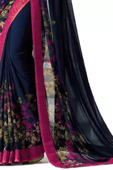 Blue printed faux georgette saree with blouse