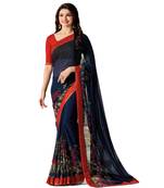 Blue printed faux georgette saree with blouse