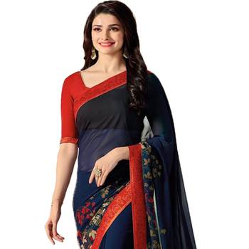Blue printed faux georgette saree with blouse 2