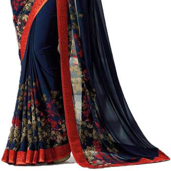 Blue printed faux georgette saree with blouse 3