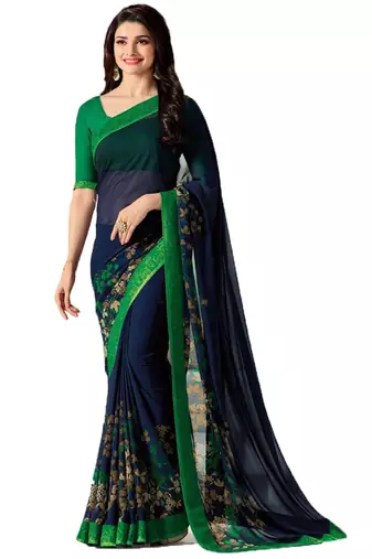 Blue printed faux georgette saree with blouse