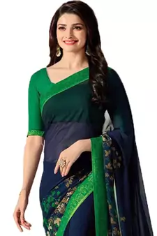 Blue printed faux georgette saree with blouse