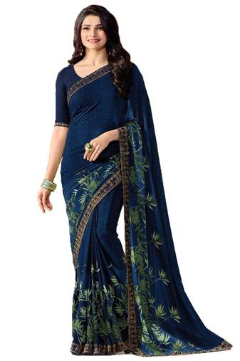 Blue printed faux georgette saree with blouse