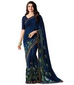 Blue printed faux georgette saree with blouse