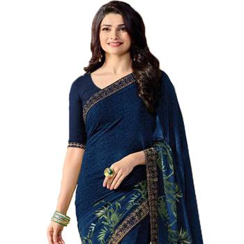 Blue printed faux georgette saree with blouse 2