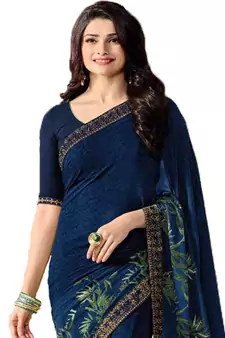 Blue printed faux georgette saree with blouse