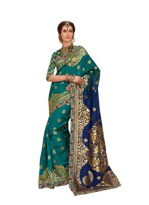 Blue embroidered jacquard saree with blouse 1
