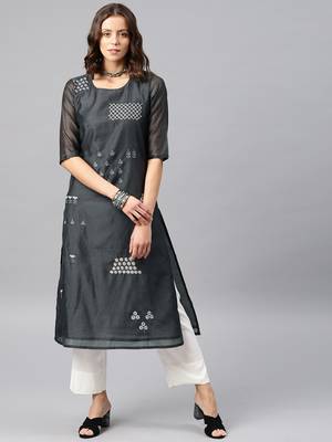 Grey Printed Chanderi Stitched Kurti 2