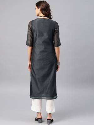 Grey Printed Chanderi Stitched Kurti 3