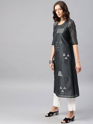 Grey Printed Chanderi Stitched Kurti 4