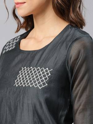 Grey Printed Chanderi Stitched Kurti 5