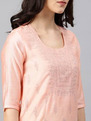 Peach Printed Chanderi Stitched Kurti 5