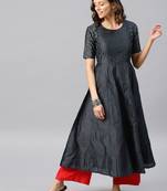 Dark Grey Printed Chanderi Stitched Kurti