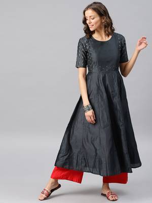 Dark Grey Printed Chanderi Stitched Kurti 2