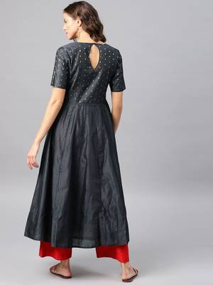 Dark Grey Printed Chanderi Stitched Kurti 3