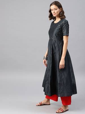 Dark Grey Printed Chanderi Stitched Kurti 4
