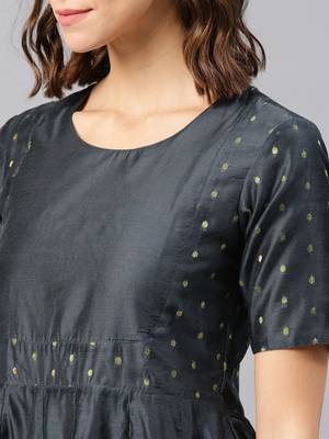 Dark Grey Printed Chanderi Stitched Kurti 5