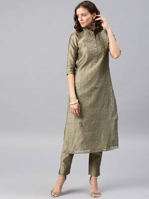 Grey Embroidered Chanderi Stitched Kurti With Trouser 1