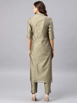Grey Embroidered Chanderi Stitched Kurti With Trouser 3