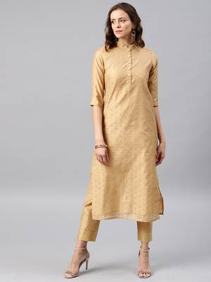 Beige Embroidered Chanderi Stitched Kurti with Trouser 1