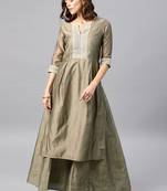 Grey Embroidered Chanderi Stitched Kurti With Skirt