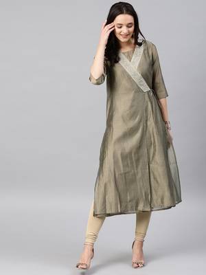 Grey Embroidered Chanderi Stitched Kurti With Churidar 1