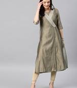 Grey Embroidered Chanderi Stitched Kurti With Churidar