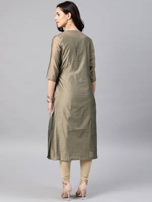 Grey Embroidered Chanderi Stitched Kurti With Churidar 3