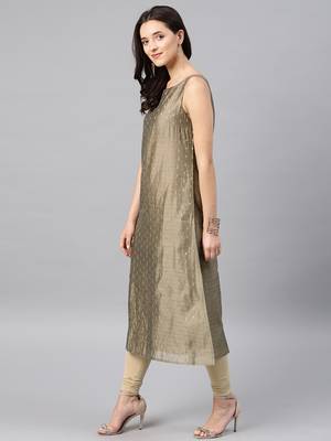 Grey Embroidered Chanderi Stitched Kurti With Churidar 4